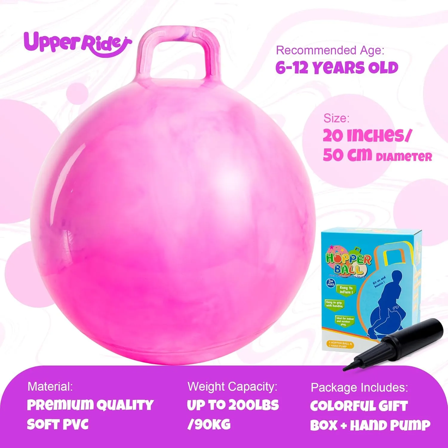 20 Inch Clouds Hopper Ball for Kids Ages 6-12, Purple Pink Bouncy with Handle, Extra-Large Inflatable Jumping Ball with Pump and Gift Box, Indoor Outdoor Balance Toy for Girls and Boys