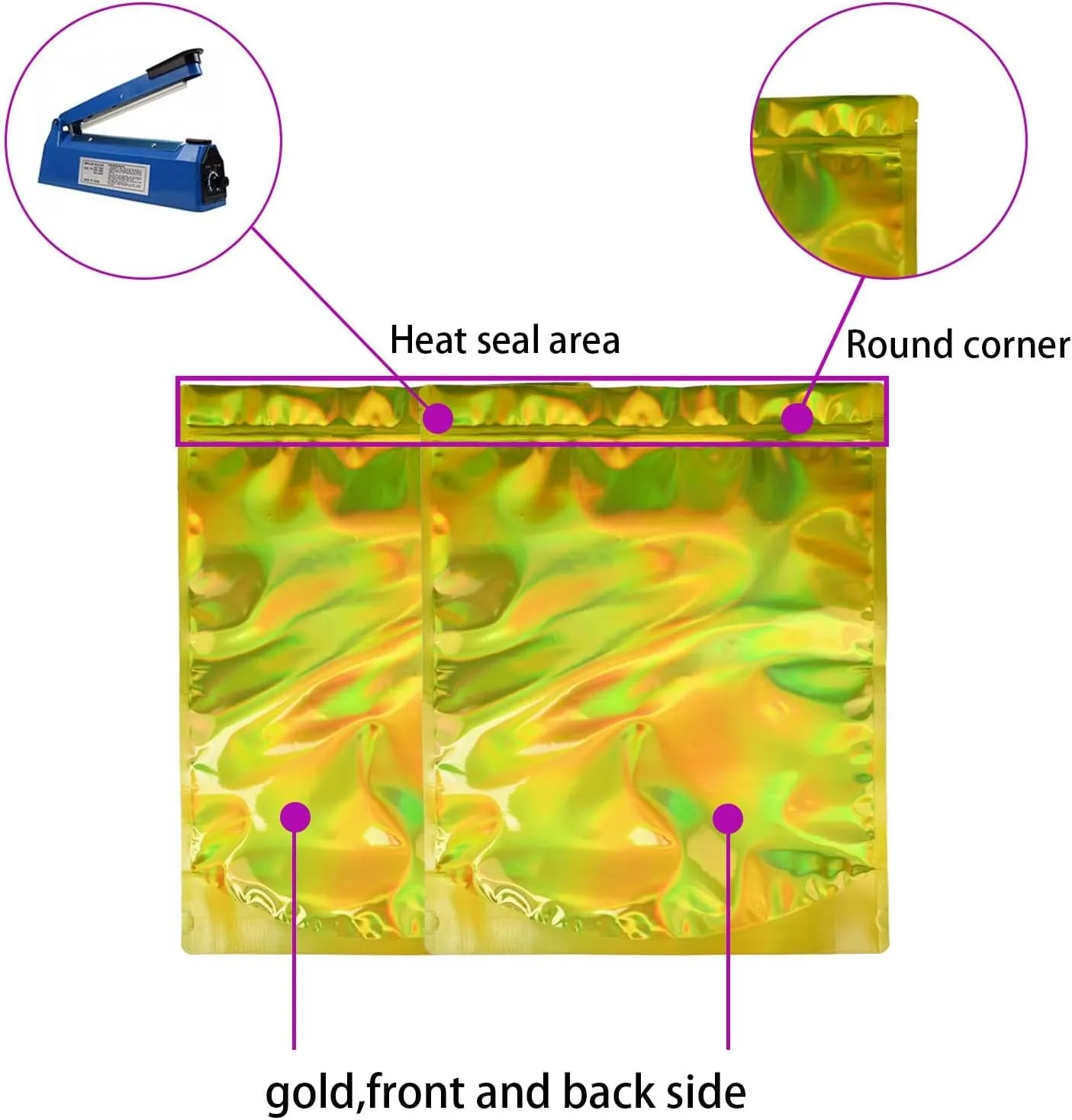 20 Pack Mylar Bag 1 LB,6.3 Mil Thickness Smell Proof Bag,Stand-up Packaging Pouch,Resealable Ziplock Foil Food Storage Baggies Safe Material,Hologram Gold, 20pcs-14x16.5 Inches(1 LB)
