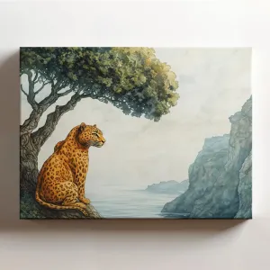 (20 x 16 x 1.25 IN) Gallery Wrapped Canvas Wall Art Print of Artistic Watercolor of Golden Panther by Tree on Coastal Cliffs, Ideal for Home Decor, Evokes Peaceful Contemplation, St - 925UNCAi467903WH