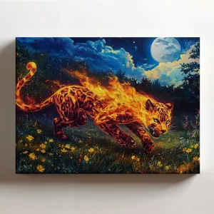 (20 x 16 x 1.25 IN) Gallery Wrapped Canvas Wall Art Print of Cyberpunk of a Mythical Fire Panther in a Moonlit Meadow | Stunning Wall Art for Animal Lovers | Vibrant Colors and Deta - 925UNCAi464103WH