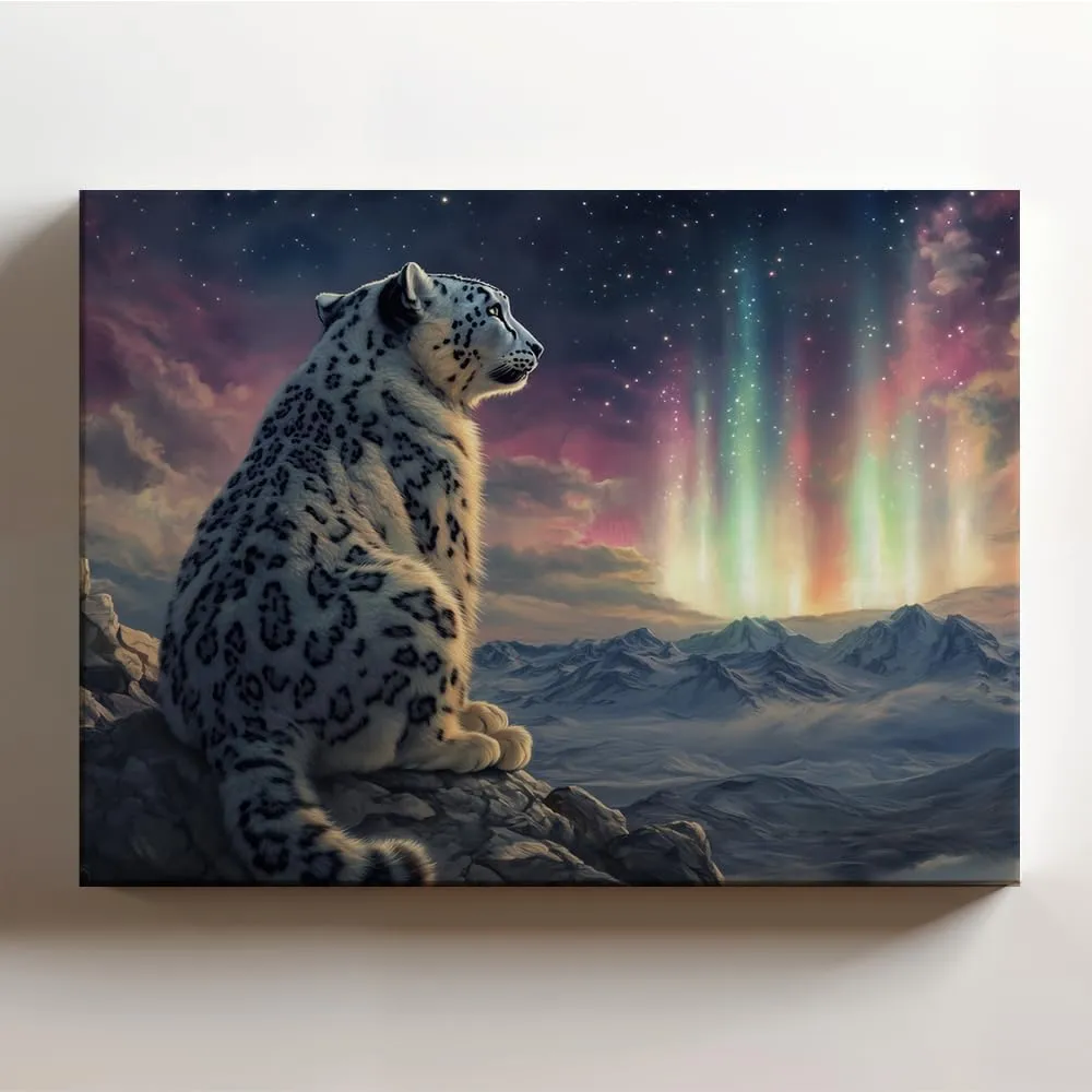 (20 x 16 x 1.25 IN) Gallery Wrapped Canvas Wall Art Print of Dada of a Snow Leopard Panther Gazing at thenorth lights on a Rocky Plateau - Fierce Wildlife Art Perfect for Nature Lov - 925UNCAi457003WH