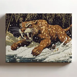 (20 x 16 x 1.25 IN) Gallery Wrapped Canvas Wall Art Print of Dada of Ancient Saber-tooth Panther Charging Through Snowy Lake Surrounded by Willows - Evoke Cosmic Grandeur with Stunn - 925UNCAi462703WH