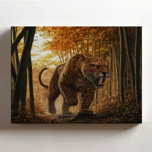 (20 x 16 x 1.25 IN) Gallery Wrapped Canvas Wall Art Print of Digital Painting of an Ancient Saber-tooth Panther Walking Through an Autumn Forest in a Bamboo Grove; Mystical Wall Art - 925UNCAi464003WH