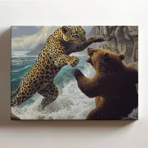 (20 x 16 x 1.25 IN) Gallery Wrapped Canvas Wall Art Print of Digital Painting : Spotted Jungle Panther vs. Bear at Coastal Cliffs - Stunning Art for Home Decor, Modern Wall Art, Ani - 925UNCAi458603WH