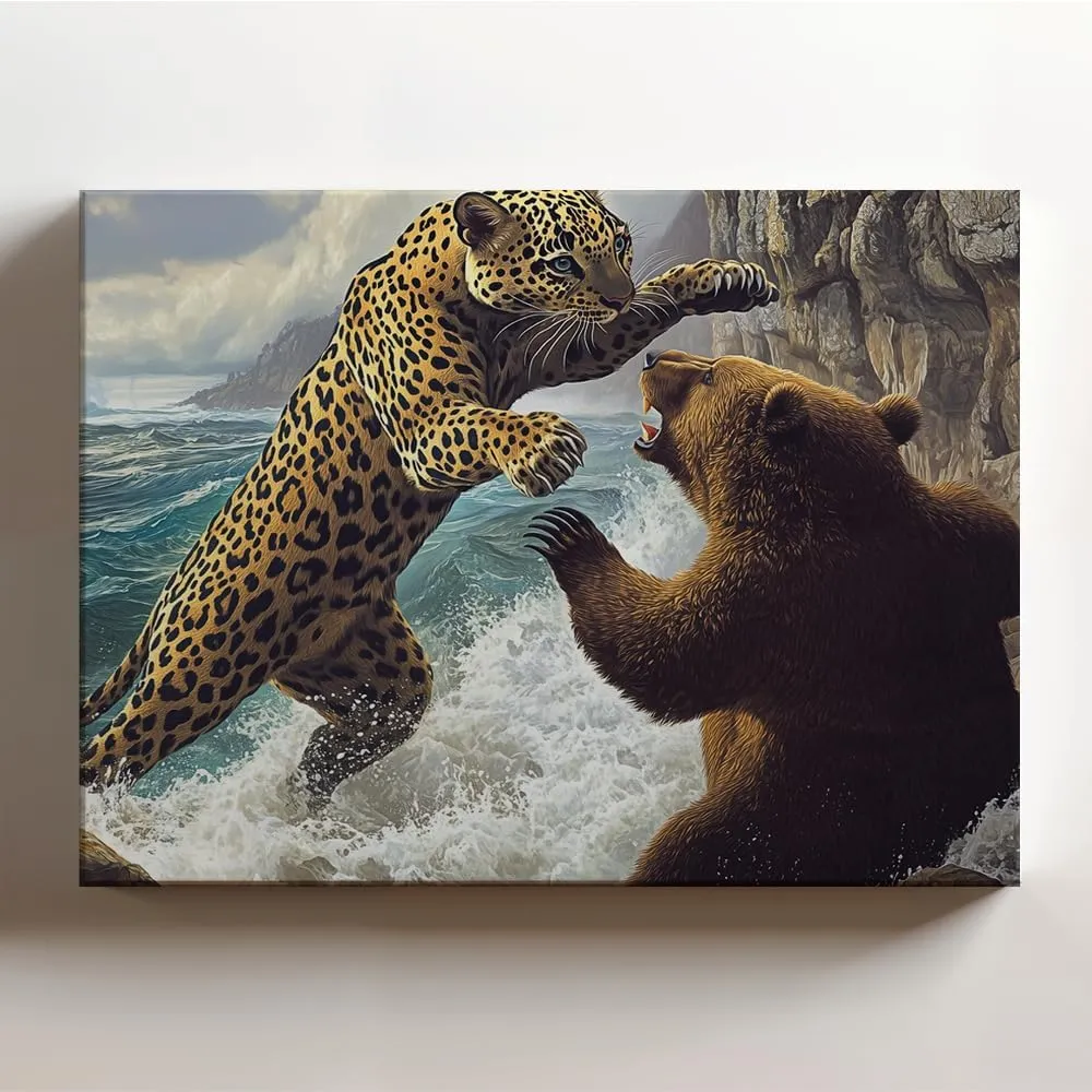 (20 x 16 x 1.25 IN) Gallery Wrapped Canvas Wall Art Print of Digital Painting : Spotted Jungle Panther vs. Bear at Coastal Cliffs - Stunning Art for Home Decor, Modern Wall Art, Ani - 925UNCAi458603WH