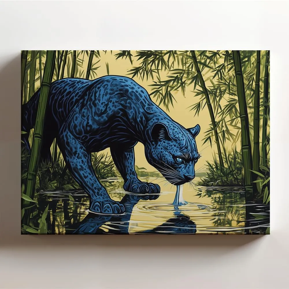 (20 x 16 x 1.25 IN) Gallery Wrapped Canvas Wall Art Print of Fantasy Art : Blue Phantom Panther Drinking from a Serene Lake in a Lush Bamboo Grove, Inspiring Courage and Imagination - 925UNCAi460203WH
