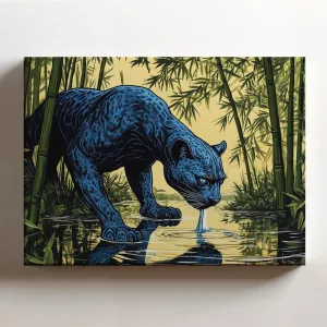 (20 x 16 x 1.25 IN) Gallery Wrapped Canvas Wall Art Print of Fantasy Art : Blue Phantom Panther Drinking from a Serene Lake in a Lush Bamboo Grove, Inspiring Courage and Imagination - 925UNCAi460203WH