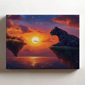 (20 x 16 x 1.25 IN) Gallery Wrapped Canvas Wall Art Print of Fantasy Art : Celestial Panther with Starry Fur Gazing at a Majestic Sunset on a Serene Floating Island - Evoking Freedo - 925UNCAi462803WH