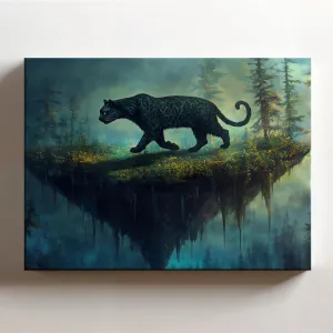 (20 x 16 x 1.25 IN) Gallery Wrapped Canvas Wall Art Print of Fantasy Art : Shadow Panther Blending into Darkness, Walking Through Enchanted Forest on Floating Island, Dreamlike Home - 925UNCAi464703WH