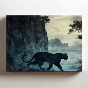 (20 x 16 x 1.25 IN) Gallery Wrapped Canvas Wall Art Print of Gothic Art : Shadow Panther Stealthily Blending into Darkness while Walking through Enigmatic Forest by Coastal Cliffs, 925UNCAi462103WH