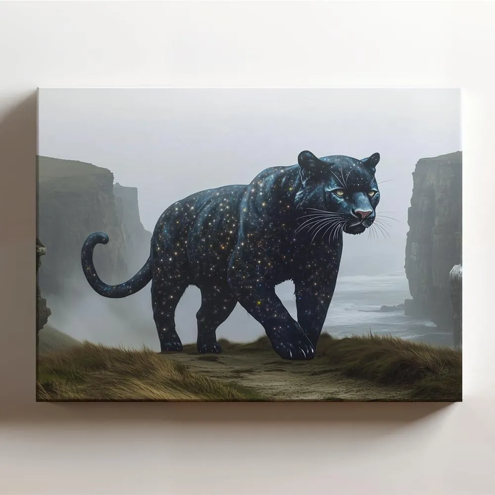 (20 x 16 x 1.25 IN) Gallery Wrapped Canvas Wall Art Print of Graffiti : Celestial Panther with Starry Fur walking across a foggy valley in a coastal cliffs, evoking courage - 100% C - 925UNCAi455603WH