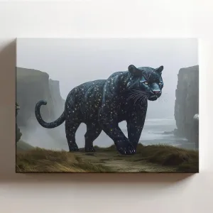 (20 x 16 x 1.25 IN) Gallery Wrapped Canvas Wall Art Print of Graffiti : Celestial Panther with Starry Fur walking across a foggy valley in a coastal cliffs, evoking courage - 100% C - 925UNCAi455603WH