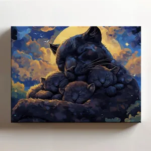 (20 x 16 x 1.25 IN) Gallery Wrapped Canvas Wall Art Print of Impressionism : Enchanting Black Panther with Cubs Amidst a Serene Midnight Landscape - Stunning Wall Art for Animal Lov - 925UNCAi459503WH