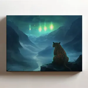 (20 x 16 x 1.25 IN) Gallery Wrapped Canvas Wall Art Print of Impressionism of Ancient Saber-tooth Panther Observing Northern Lights in Misty Valley; Evoking Natural Resilience and W - 925UNCAi465903WH