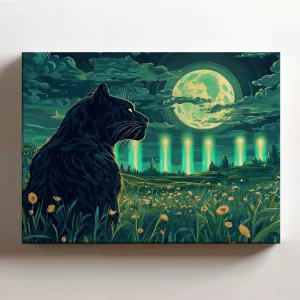 (20 x 16 x 1.25 IN) Gallery Wrapped Canvas Wall Art Print of Line Art : Black Panther Undernorth lights in Moonlit Meadow Mystical and Otherworldly Wall Art for Nature Lovers and Wi - 925UNCAi463003WH