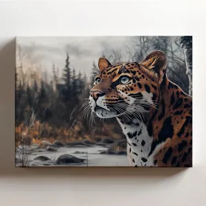 (20 x 16 x 1.25 IN) Gallery Wrapped Canvas Wall Art Print of Line Art of Spotted Jungle Panther Staring into the Distance, Serene Northern Wilderness Artwork for Home Decor, Tranqui - 925UNCAi467803WH