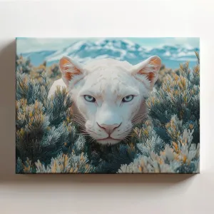 (20 x 16 x 1.25 IN) Gallery Wrapped Canvas Wall Art Print of Low-Poly : Albino White Panther in Surreal Beauty Among Tundra Bushes - Stunning Wall Art for Nature Lovers, Wildlife En - 925UNCAi462903WH