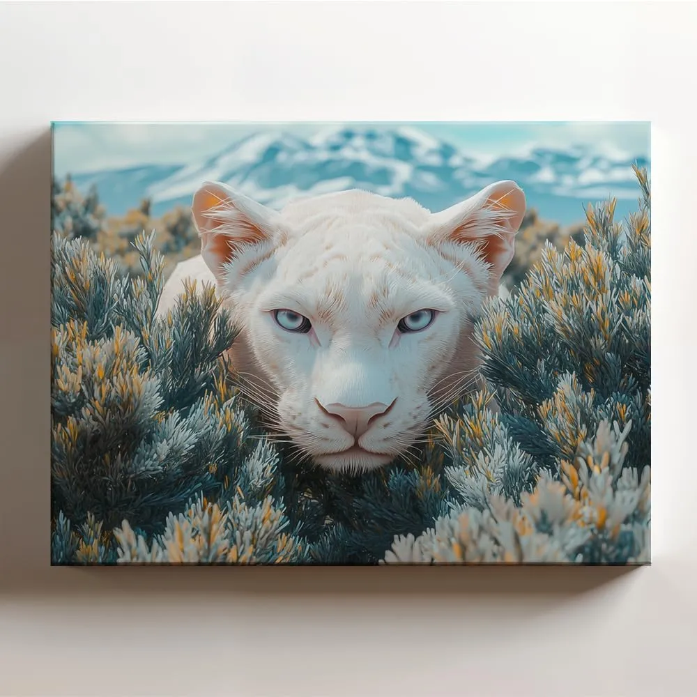 (20 x 16 x 1.25 IN) Gallery Wrapped Canvas Wall Art Print of Low-Poly : Albino White Panther in Surreal Beauty Among Tundra Bushes - Stunning Wall Art for Nature Lovers, Wildlife En - 925UNCAi462903WH