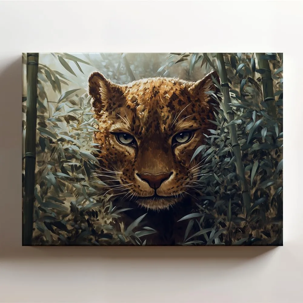 (20 x 16 x 1.25 IN) Gallery Wrapped Canvas Wall Art Print of Oil Painting : Mystical Saber-tooth Panther Amidst Bamboo Grove - Perfect Nature Wall Art Home Decoration for Animal Lov - 925UNCAi468503WH