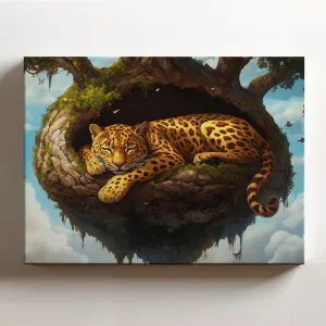 (20 x 16 x 1.25 IN) Gallery Wrapped Canvas Wall Art Print of Oil Painting of a Golden Panther Resting in a Tree Hollow on a Floating Island, Inspiring a Dreamlike Aura for Nature Lo - 925UNCAi459003WH