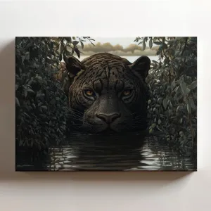 (20 x 16 x 1.25 IN) Gallery Wrapped Canvas Wall Art Print of Pencil Sketch of an Ancient Saber-tooth Panther Peering Through Bushes by a Tranquil Lake Surrounded by Willows - Evokin - 925UNCAi465003WH
