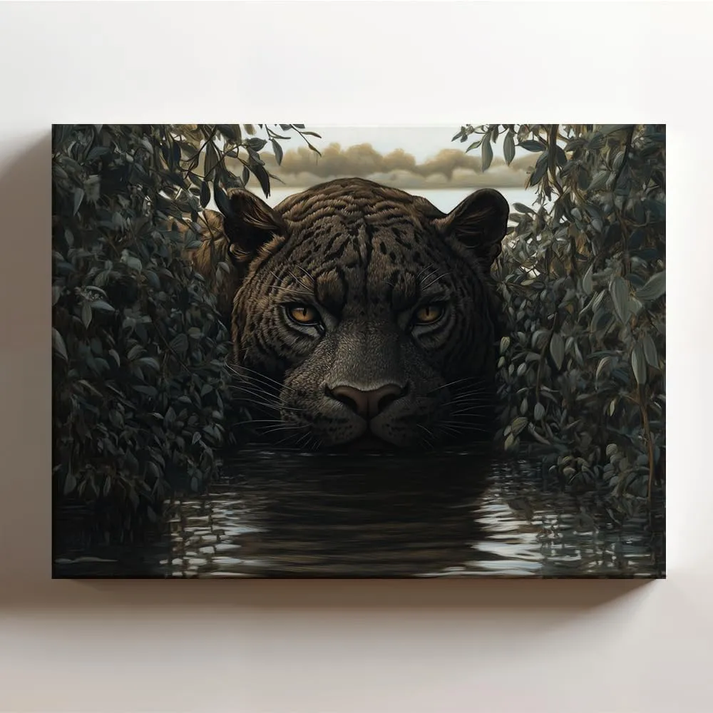 (20 x 16 x 1.25 IN) Gallery Wrapped Canvas Wall Art Print of Pencil Sketch of an Ancient Saber-tooth Panther Peering Through Bushes by a Tranquil Lake Surrounded by Willows - Evokin - 925UNCAi465003WH