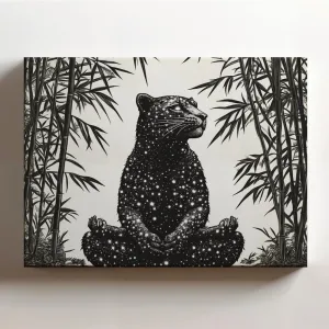 (20 x 16 x 1.25 IN) Gallery Wrapped Canvas Wall Art Print of Pencil Sketch of Celestial Panther in Meditative Pose with Starry Fur Amidst Bamboo Grove for Unique Wall Art Decor Evok - 925UNCAi457403WH