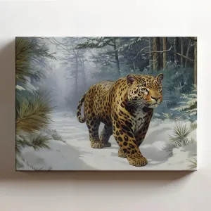 (20 x 16 x 1.25 IN) Gallery Wrapped Canvas Wall Art Print of Pointillism Artwork: Jungle Panther Walking in Snowy Pine Forest, Evoking Timeless Wisdom; Stunning Wall Art for Home De - 925UNCAi456603WH