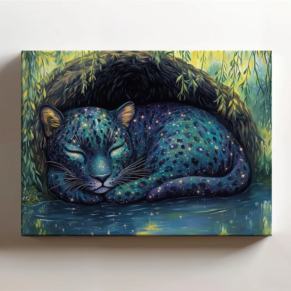(20 x 16 x 1.25 IN) Gallery Wrapped Canvas Wall Art Print of Pointillism : Dreamlike Celestial Panther Surrounded by Starry Fur, Nestled in a Serene Lake with Wistful Willows - Idea - 925UNCAi467603WH