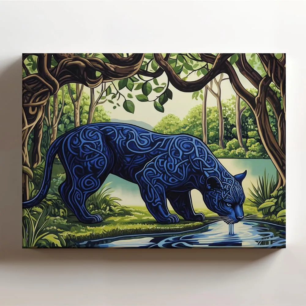 (20 x 16 x 1.25 IN) Gallery Wrapped Canvas Wall Art Print of Pointillism Wall Art : Blue Phantom Panther in a Celtic-Inspired Sacred Grove; Captivating Artwork of Nature; Inspired b - 925UNCAi463603WH