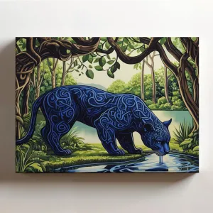 (20 x 16 x 1.25 IN) Gallery Wrapped Canvas Wall Art Print of Pointillism Wall Art : Blue Phantom Panther in a Celtic-Inspired Sacred Grove; Captivating Artwork of Nature; Inspired b - 925UNCAi463603WH