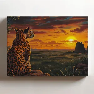 (20 x 16 x 1.25 IN) Gallery Wrapped Canvas Wall Art Print of Realism of a Spotted Jungle Panther Gazing at a Stunning Sunset in a Wild Prairie, Perfect Wall Art for Home Decor and N - 925UNCAi465403WH
