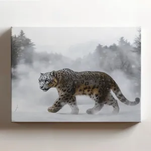 (20 x 16 x 1.25 IN) Gallery Wrapped Canvas Wall Art Print of Realism of Snow Leopard Panther Striding Through a Misty Valley in a Snow-Covered Forest, Capturing an Enigmatic Otherwo - 925UNCAi468603WH