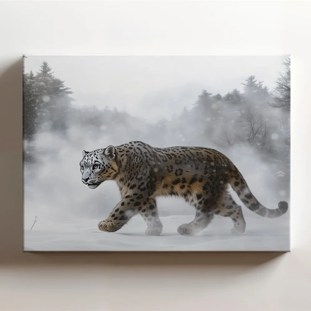 (20 x 16 x 1.25 IN) Gallery Wrapped Canvas Wall Art Print of Realism of Snow Leopard Panther Striding Through a Misty Valley in a Snow-Covered Forest, Capturing an Enigmatic Otherwo - 925UNCAi468603WH