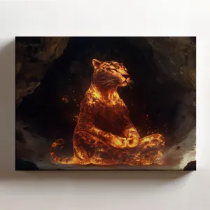 (20 x 16 x 1.25 IN) Gallery Wrapped Canvas Wall Art Print of Romanticism featuring Mythical Fire Panther in Meditative Pose deep within a Dark Cave creating Powerful Visual Statemen - 925UNCAi459203WH