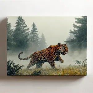 (20 x 16 x 1.25 IN) Gallery Wrapped Canvas Wall Art Print of Romanticism Wall Art of a Spotted Jungle Panther in Misty Pine Forest Meadow Showcasing Determination and Nature's Beaut - 925UNCAi461503WH