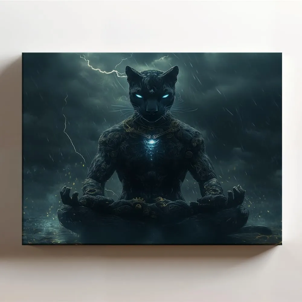 (20 x 16 x 1.25 IN) Gallery Wrapped Canvas Wall Art Print of Steampunk Wall Art : Shadow Panther in Meditative Pose amid Thunderstorm; Evocative Melancholy Artwork for Modern Home D - 925UNCAi465703WH