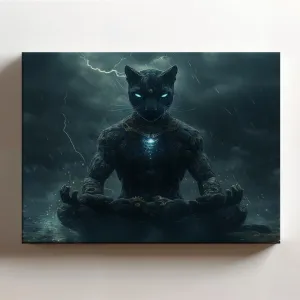 (20 x 16 x 1.25 IN) Gallery Wrapped Canvas Wall Art Print of Steampunk Wall Art : Shadow Panther in Meditative Pose amid Thunderstorm; Evocative Melancholy Artwork for Modern Home D - 925UNCAi465703WH