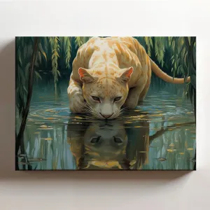 (20 x 16 x 1.25 IN) Gallery Wrapped Canvas Wall Art Print of Stunning Albino White Panther Oil Painting - Majestic Wall Art of a Panther Drinking from a Serene Lake Surrounded by An - 925UNCAi458003WH