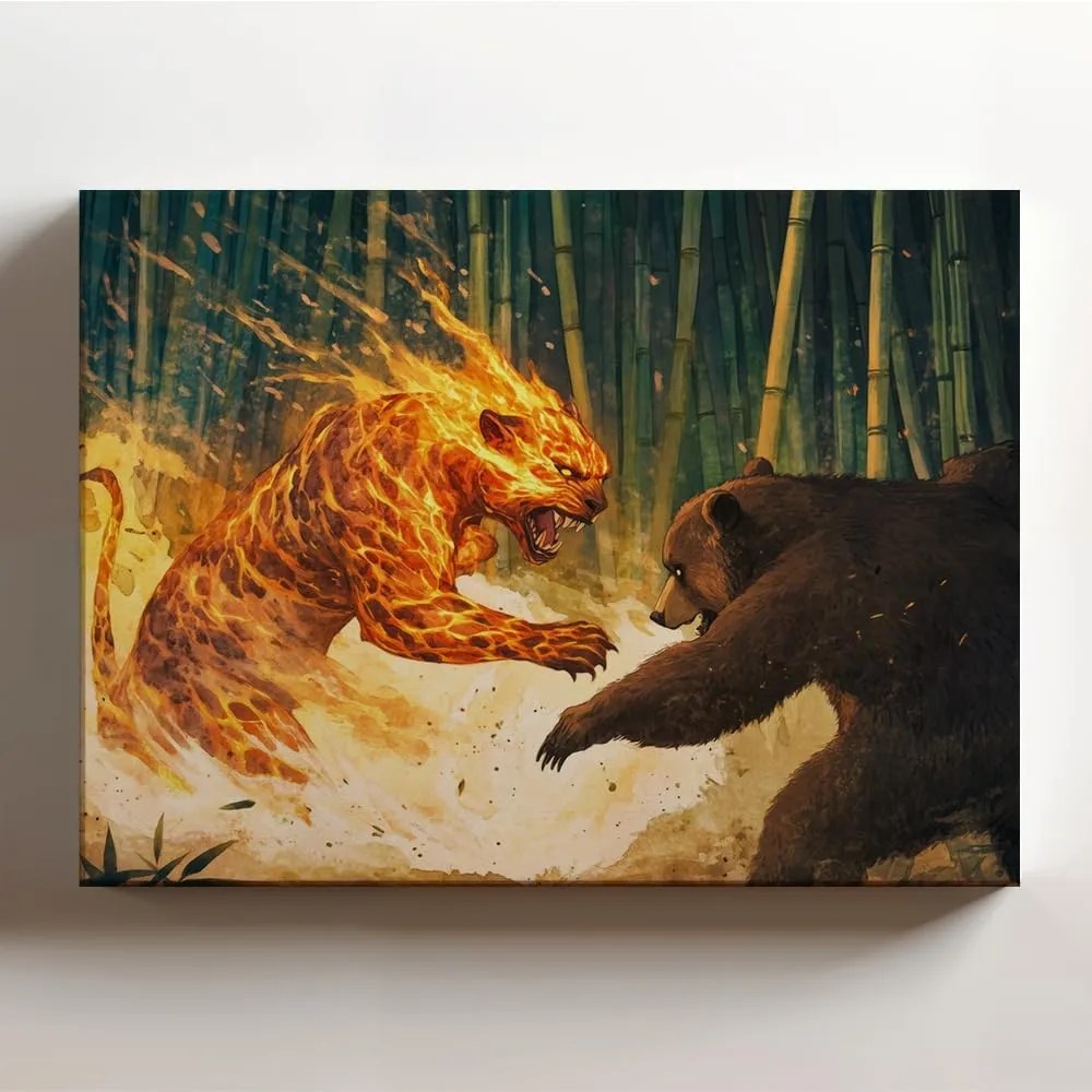 (20 x 16 x 1.25 IN) Gallery Wrapped Canvas Wall Art Print of Stunning Watercolor of a Mythical Fire Panther Battling a Bear in a Bamboo Grove; Perfect Wall Art for Nature Lovers, Un - 925UNCAi461403WH