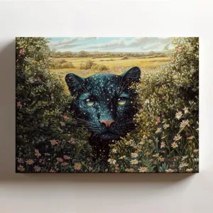 (20 x 16 x 1.25 IN) Gallery Wrapped Canvas Wall Art Print of Surrealism Wall Art : Celestial Panther with Starry Fur in a Wildflower Field - Mystical Animal Art for Home Decor - Per - 925UNCAi458903WH