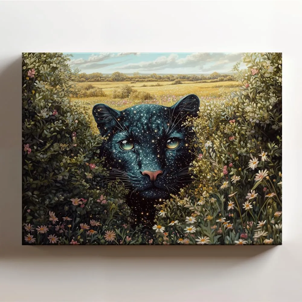 (20 x 16 x 1.25 IN) Gallery Wrapped Canvas Wall Art Print of Surrealism Wall Art : Celestial Panther with Starry Fur in a Wildflower Field - Mystical Animal Art for Home Decor - Per - 925UNCAi458903WH