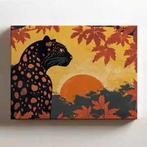 (20 x 16 x 1.25 IN) Gallery Wrapped Canvas Wall Art Print of Symbolism : Spotted Jungle Panther Observing Sunset in Japanese Maple Forest - Enigmatic Wall Art for Nature Lovers, Hom - 925UNCAi460503WH