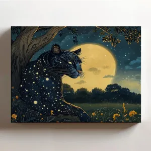 (20 x 16 x 1.25 IN) Gallery Wrapped Canvas Wall Art Print of Ukiyo-e of Celestial Panther with Starry Fur Leaning Against a Tree in Moonlit Meadow, Perfect Wall Art for Home Decor, 925UNCAi459903WH