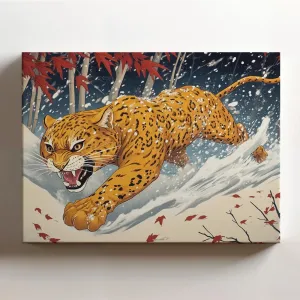 (20 x 16 x 1.25 IN) Gallery Wrapped Canvas Wall Art Print of Ukiyo-e Wall Art of Golden Panther Charging Through Snow in Japanese Maple Forest Evoking Determination, Strength, Natur - 925UNCAi468703WH