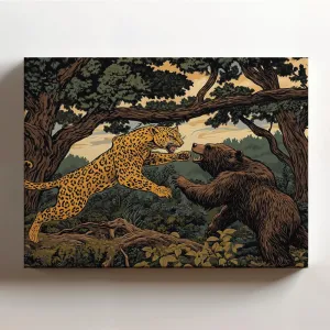 (20 x 16 x 1.25 IN) Gallery Wrapped Canvas Wall Art Print of Woodcut of a Majestic Golden Panther Battling Bear in an Old Oak Forest, Creating Sense Serenity and Nature's Beauty for - 925UNCAi456703WH