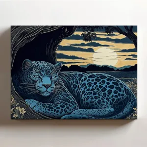(20 x 16 x 1.25 IN) Gallery Wrapped Canvas Wall Art Print of Woodcut of Blue Phantom Panther Curled Up in a Den Under Midnight Landscape, Evoking Courage and Strength, Perfect Wall - 925UNCAi465803WH