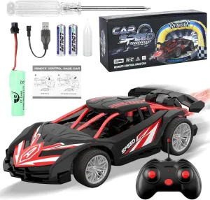 2025 Remote Control Car with LED Lights & Spray Mist - RC Cars for Kids Ages 3-8, Rechargeable Battery Operated Toy, Interactive Water Spraying Vehicle Gift for Boys Girls (Black&red)