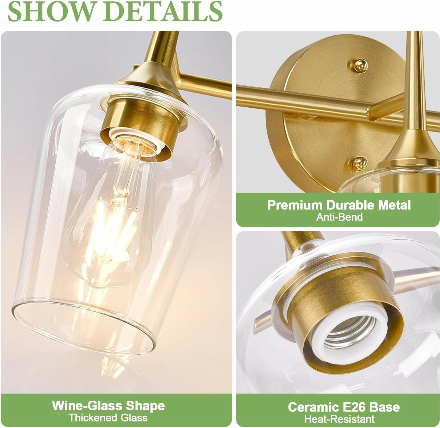 2025 Upgrade 3-Light Bathroom Light Fixtures, Brushed Gold Vanity Lights with Wine-Glass Shape, 19.5 Inch Bathroom lighting Fixtures over Mirror, Modern Wall Sconces for Bedroom Living Room Hallway