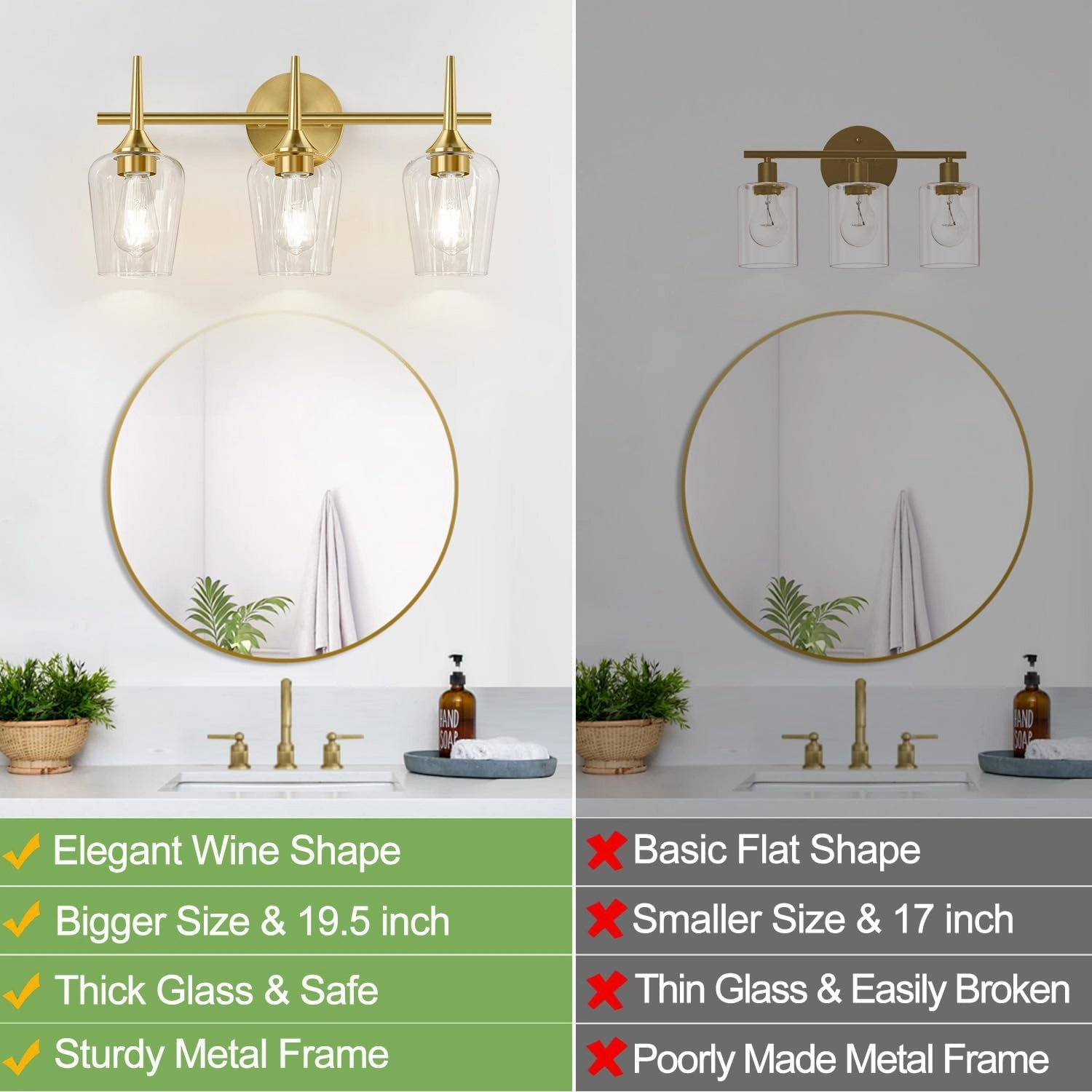 2025 Upgrade 3-Light Bathroom Light Fixtures, Brushed Gold Vanity Lights with Wine-Glass Shape, 19.5 Inch Bathroom lighting Fixtures over Mirror, Modern Wall Sconces for Bedroom Living Room Hallway